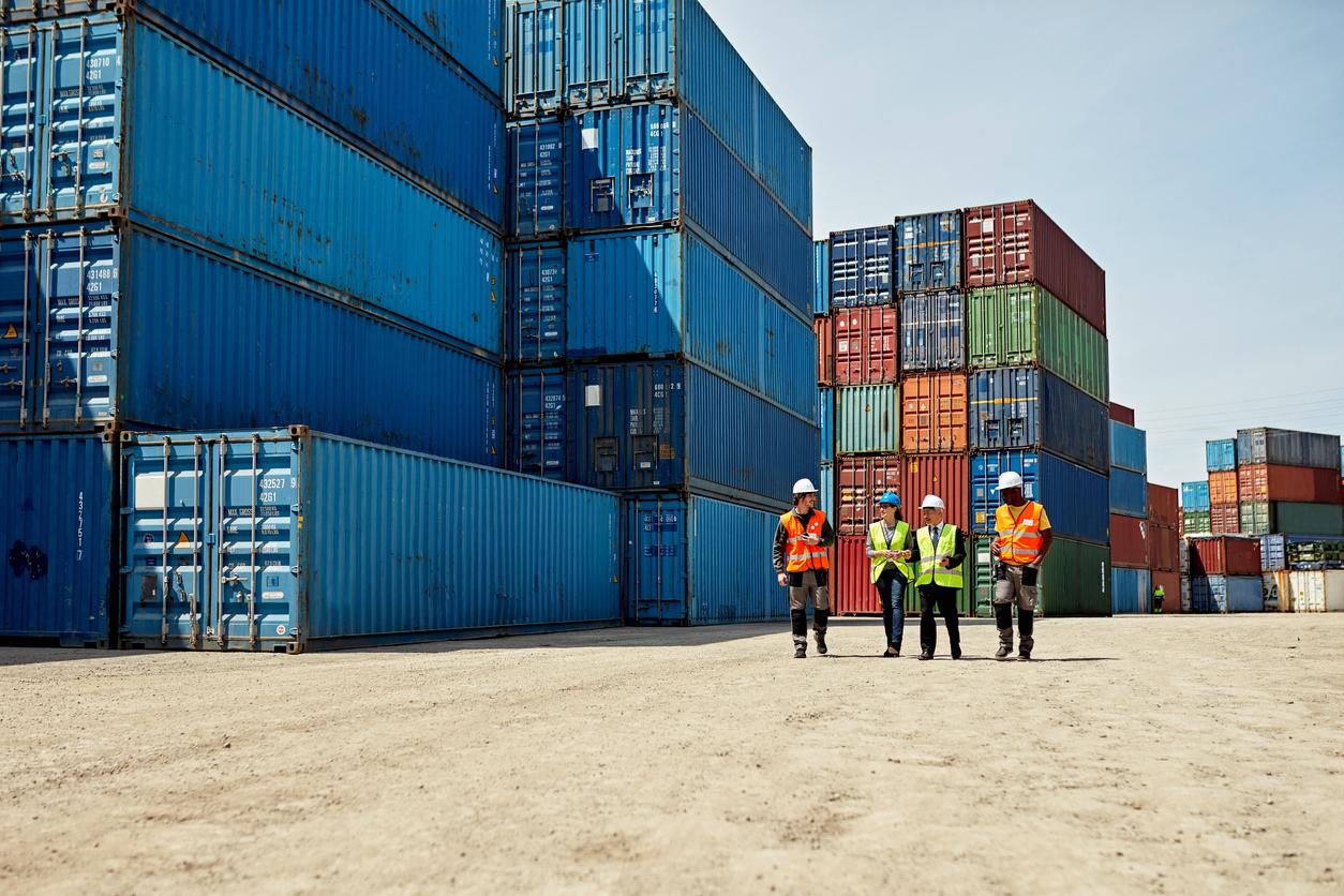Group of workers inspect containers in a port. 